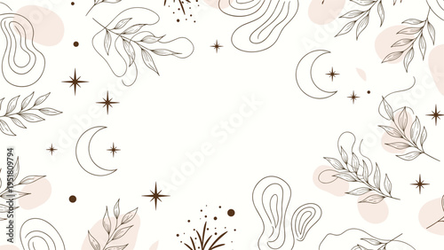 Serene boho-style background featuring abstract organic shapes, outline leaves, celestial moons, and stars, creating a mystical and minimalist design.