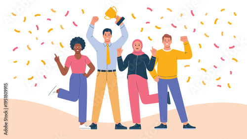 diverse group of happy people celebrating success with confetti cheerful team victory concept modern flat illustration for business