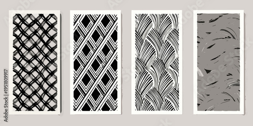 Four abstract black and white patterned rectangles arranged vertically