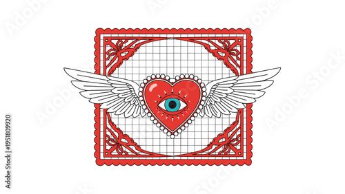 Symbolic red heart with a blue eye and white wings centered on a decorative square frame with a red lace border and grid pattern.