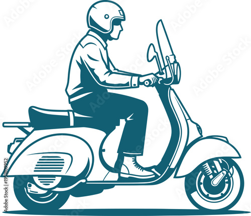 Vintage style illustration of a person riding a scooter