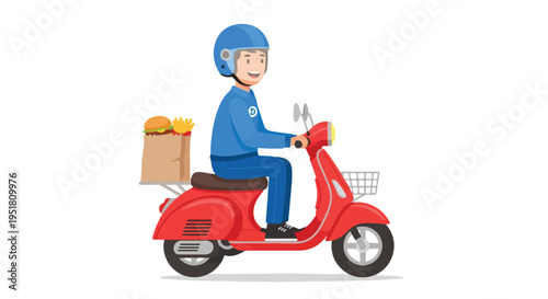 Delivery person in blue uniform riding a red scooter with a food bag attached, against a clean white background.