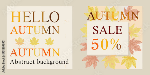 Autumn sale promotions with colorful leaves and decorative text layouts