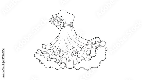 Elegant line art illustration of a flowing flamenco dress with multiple ruffles, capturing the dynamic beauty of Spanish dance costume.