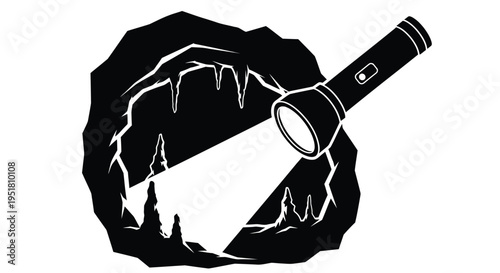 A black and white illustration depicting a flashlight illuminating a cave entrance