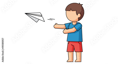 A young boy launches a paper airplane with a focused expression and outstretched arm