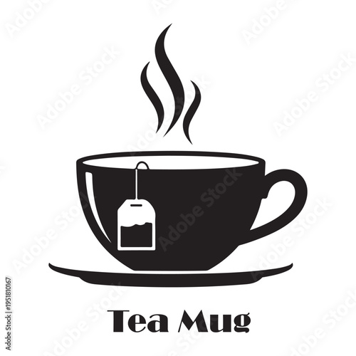 Black silhouette of a steaming tea cup with a teabag and a saucer
