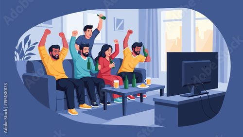 Group of happy diverse friends cheering and drinking beer while watching an exciting sports game on television in a living room.
