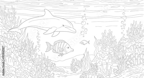 Dolphin and fish swimming together underwater