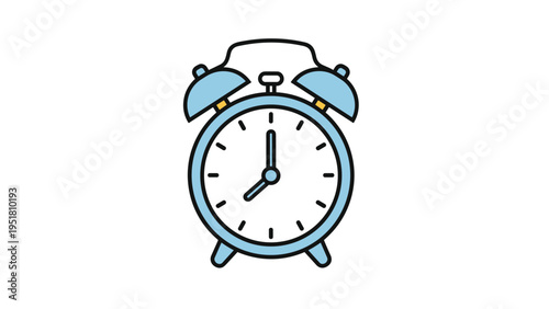 Classic blue alarm clock icon with a white face and twin bells showing the time at eight o-clock isolated on a white background.