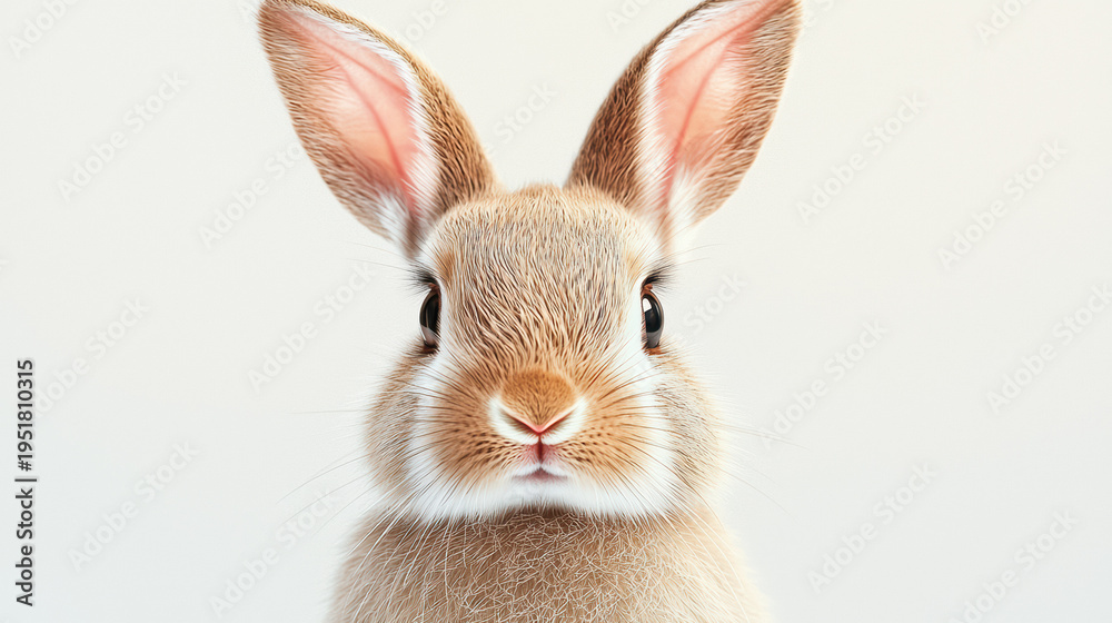 Obraz premium A charming portrait captures the adorable essence of a fluffy brown rabbit with its ears perked up and its curious eyes gazing directly into the camera lens.