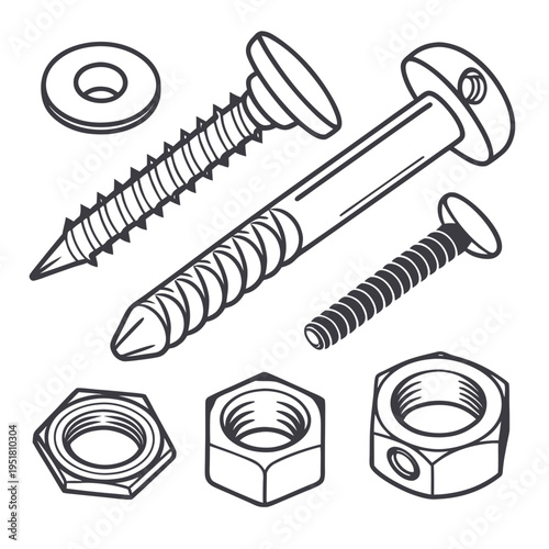 Hardware fasteners set including screws, bolts, washers and hexagonal nuts for mechanical assembly