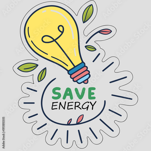 Glowing lightbulb surrounded by green leaves with save energy text for environmental awareness