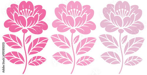 Collection of three stylized pink floral icons featuring layered petals and simple leaf silhouettes perfect for graphic design projects