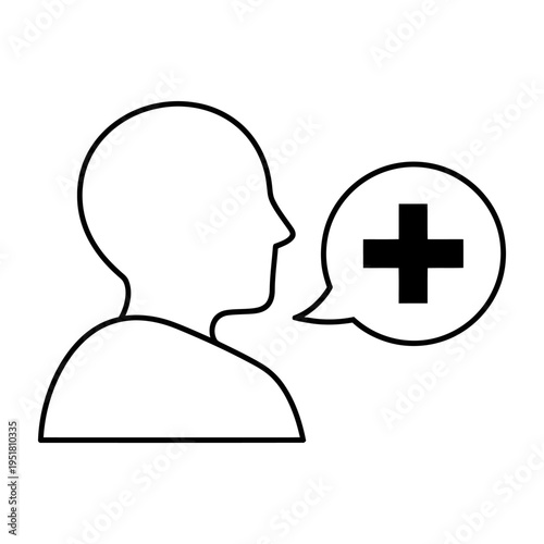 Medical consultation concept with person and speech bubble cross symbol black outline on white background