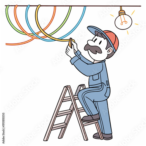 Dedicated electrician on stepladder working on colored electrical wiring near glowing lightbulb