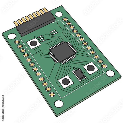 Green printed circuit board with integrated circuit, buttons and multi-pin connector for electronics