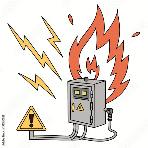 Electrical fuse box engulfed in flames with lightning bolts and warning sign for power failure