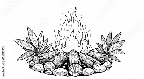 A campfire burning with flames surrounded by rocks and plants