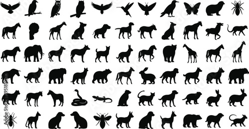 Mega animal silhouette vector set, featuring wildlife mammals, birds, insects, pets, farm animals, reptiles, zoo creatures collection, and nature icons bundle