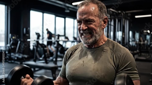 Senior man lifting dumbbells in gym workout sequence. Smiling during bicep curl exercises. Fitness strength training for older adults.
