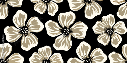 Bild auf Leinwand Elegant floral pattern with stylized cream colored blossoms on black