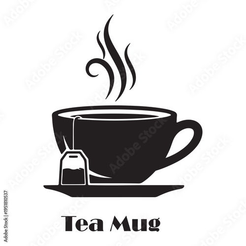 Black silhouette illustration of a steaming tea cup with a saucer and teabag, isolated on a white background with Tea Mug text.
