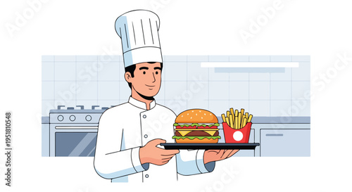 Illustration of a chef holding a tray with a burger and fries in a kitchen with a neutral mood.