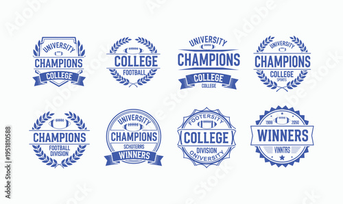 University Champions College Football Emblem Set Vector Illustration with Laurel Wreath and Banners