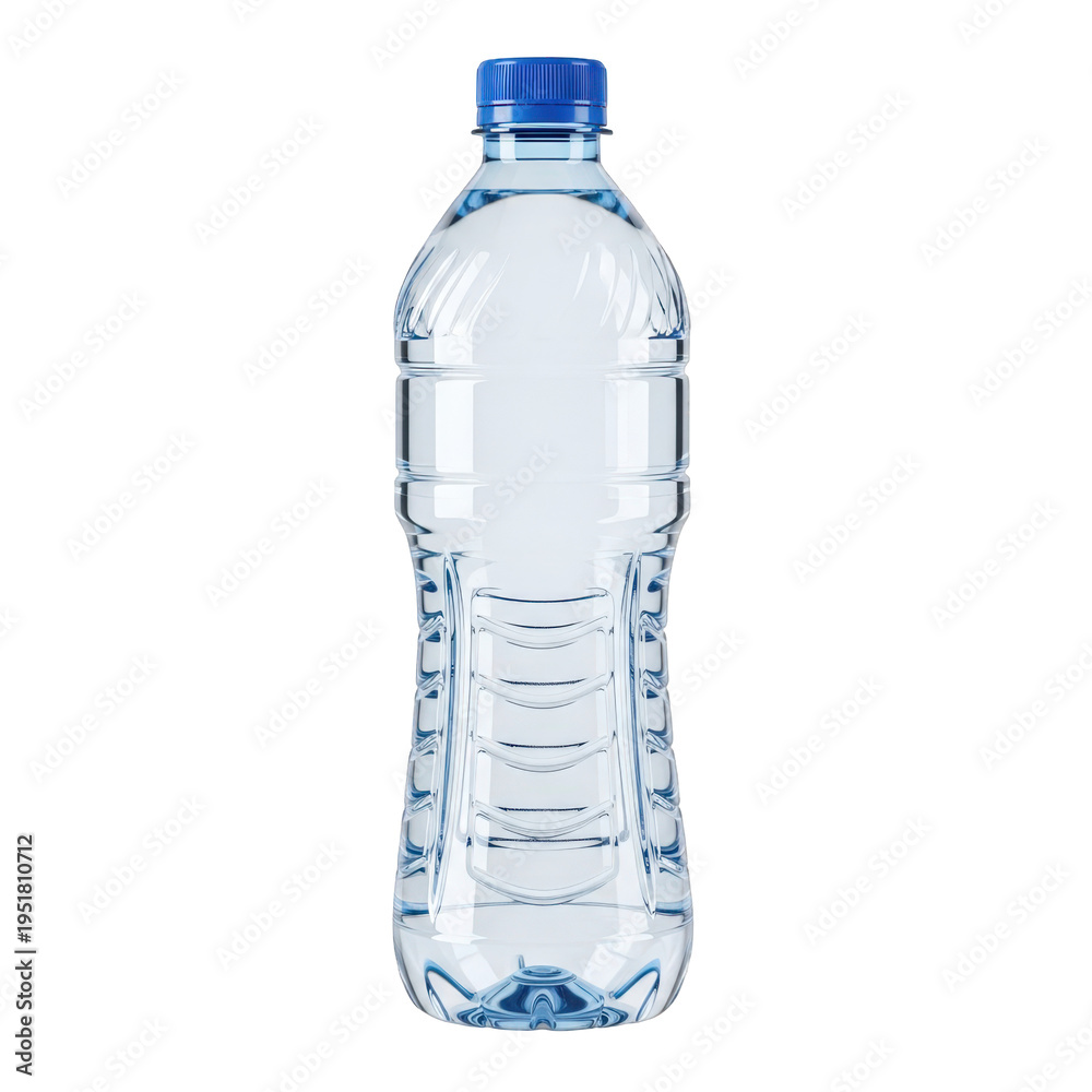 Naklejka premium Clear plastic water bottle with blue cap on white background isolated on transparent background