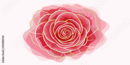 A delicate pink rose illustration with gold line details and watercolor effect