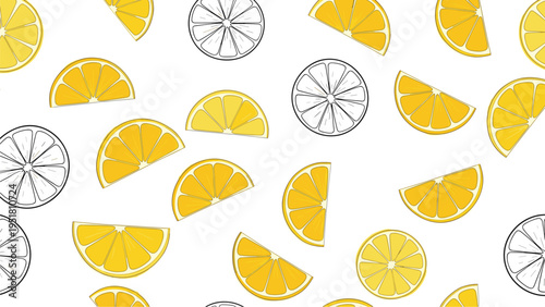 Vibrant seamless pattern featuring scattered lemon and orange slices, both colored and outline, creating a fresh and zesty background.