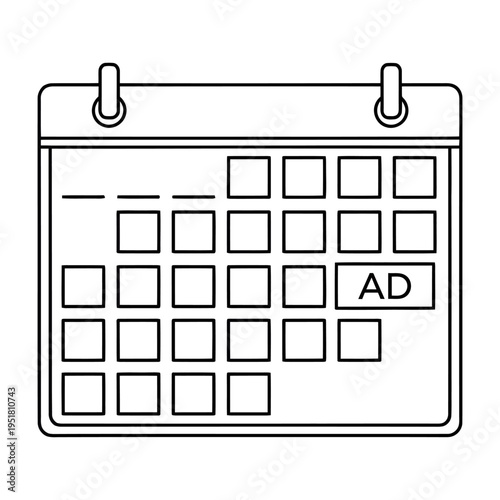 Simple black line art calendar icon with ad marked date on white background for scheduling and organization