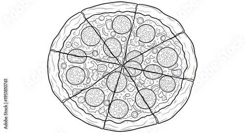 A simple line drawing of a pizza cut into eight slices