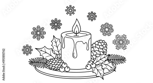 A serene winter scene with a lit candle surrounded by pinecones and snowflakes