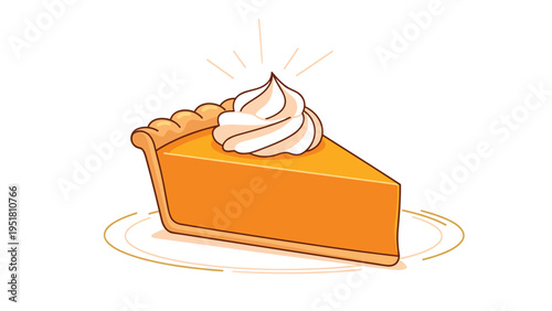 Delicious illustration of a perfect slice of pumpkin pie, topped with a generous swirl of whipped cream, on a white background.