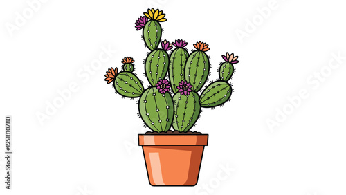 Potted green cactus illustration showing multiple segments decorated with vibrant purple and orange flowers in a brown pot.