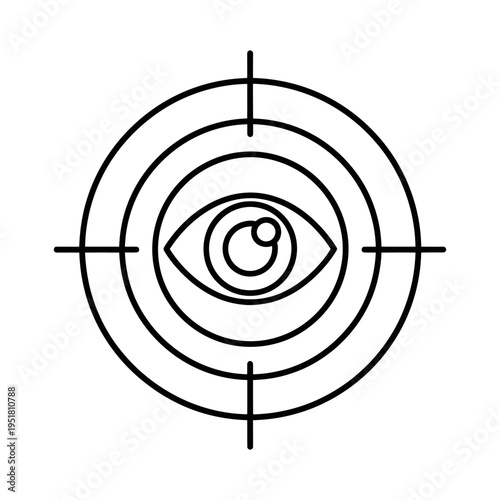 Black line art of an eye in a target or bullseye symbol with crosshairs on white background representing focus and vision
