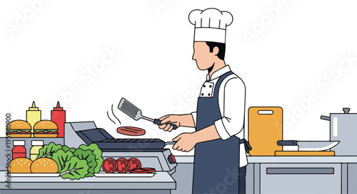 Illustration of a chef cooking a burger on a grill with ingredients and condiments nearby in a kitchen setting.