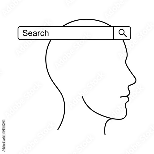 Black line drawing of a human head with a search bar above it symbolizing ideas and searching concepts