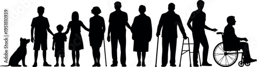People silhouettes set showing life stages from child to elderly with disability and wheelchair, human age progression concept isolated