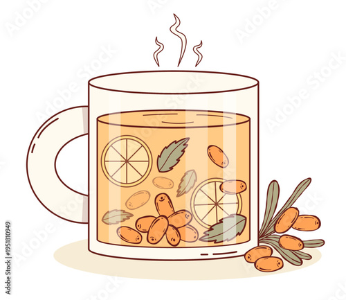 Hot Sea Buckthorn Tea in Glass Mug with Citrus Slices and Mint. Cozy Autumn Drink with Steaming Vapor and Fresh Orange Berries. Isolated Vector Illustration