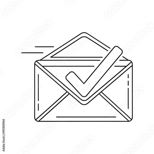 Confirmed email icon with checkmark and motion lines on white background symbolizing successful online communication