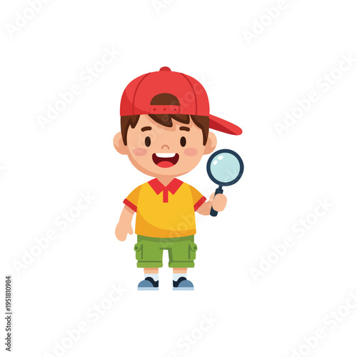Cute Boy Character with Magnifier Illustration