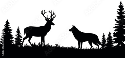 Wild deer and wolf silhouettes in forest landscape with pine trees and grass, wildlife nature scene isolated for design