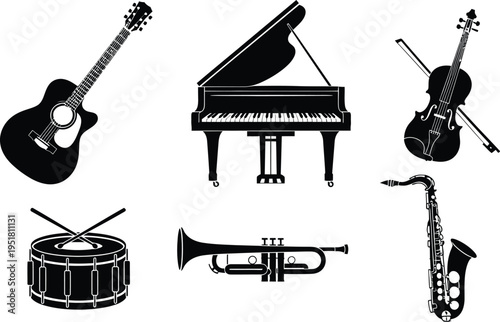 Musical instruments, including a grand piano, acoustic guitar, violin, drum set, trumpet, and saxophone.