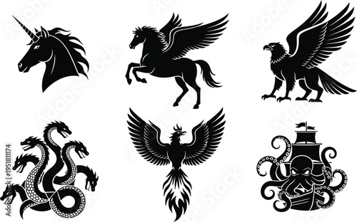 Medieval sea creatures, mythical creatures legendary beasts such as a unicorn, a flying Pegasus, and a griffin. 