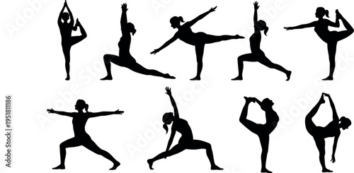 Collection of yoga pose silhouettes showing balance, flexibility and strength, female yoga postures set isolated for fitness, wellness and exercise design