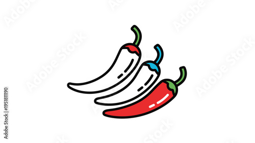 Three colorful chili peppers illustrated in red blue and green styles with black outlines arranged on a white background.