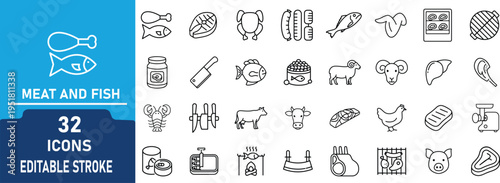 Meat and Fish Line Icon Set. Contain to related icons seafood, butcher, chicken, beef, pork, fish , protein food and more. Editable stroke. Vector illustration.